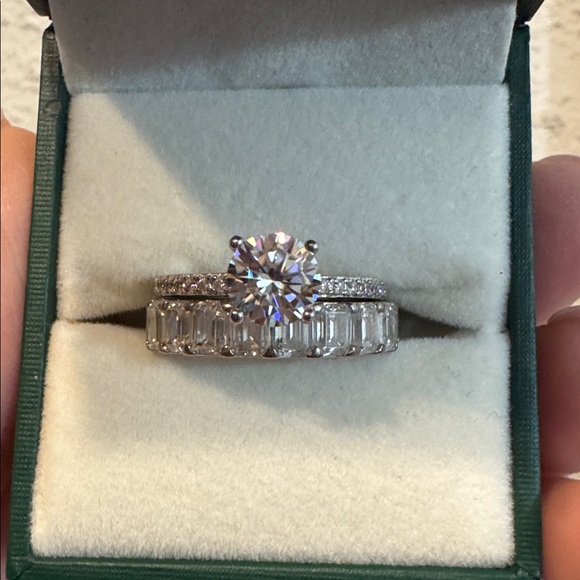 Moissanite Ring Set (round solitaire and emerald full eternity band) ✨ - Picture 2 of 9